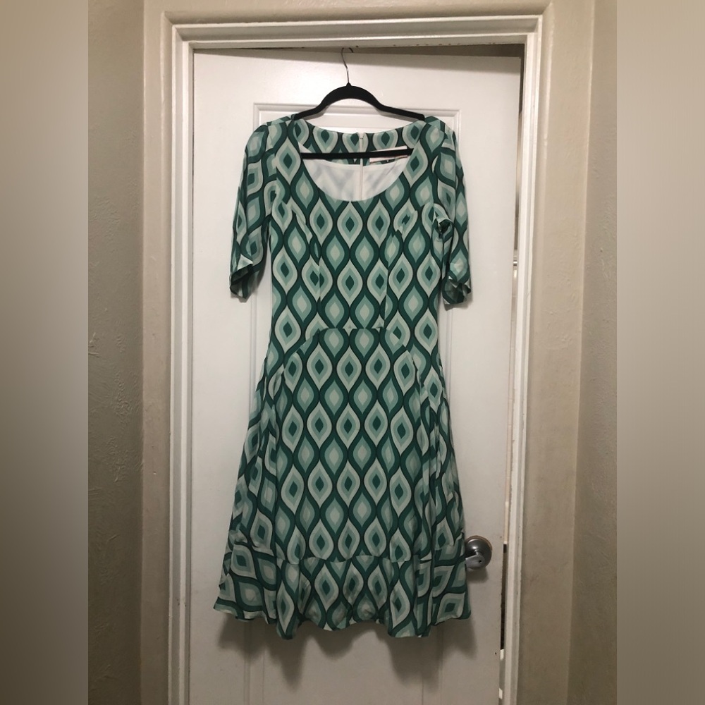 Women's Teal Geometric Midi Dress with Scoop Neck Dieuthanh Haute Couture dress - Picture 4 of 8